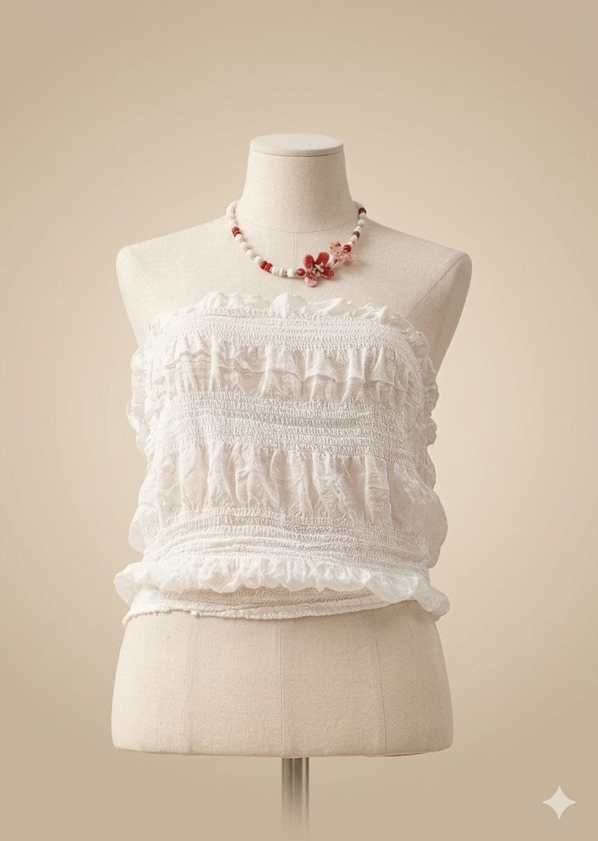 Büzgü Bustier İpek Bluz — Beyaz — alternatif görünüm
